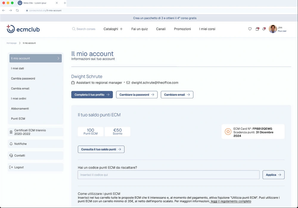 User account dashboard UI