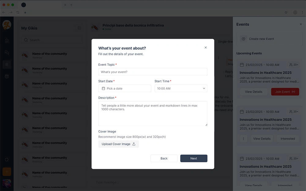 Event creation form interface