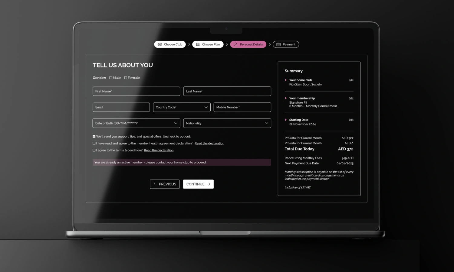 User registration form UI design